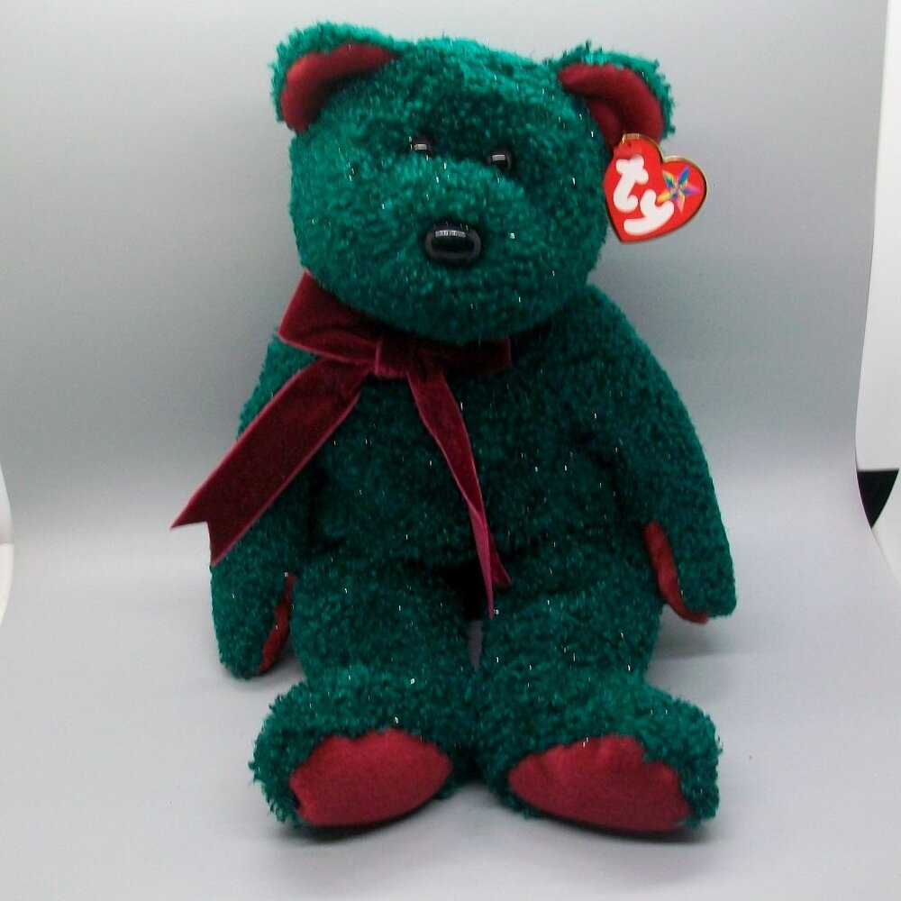 Ty Beanie Buddies 2001 Sparkly Green Plush Holiday Bear Stuffed Animal